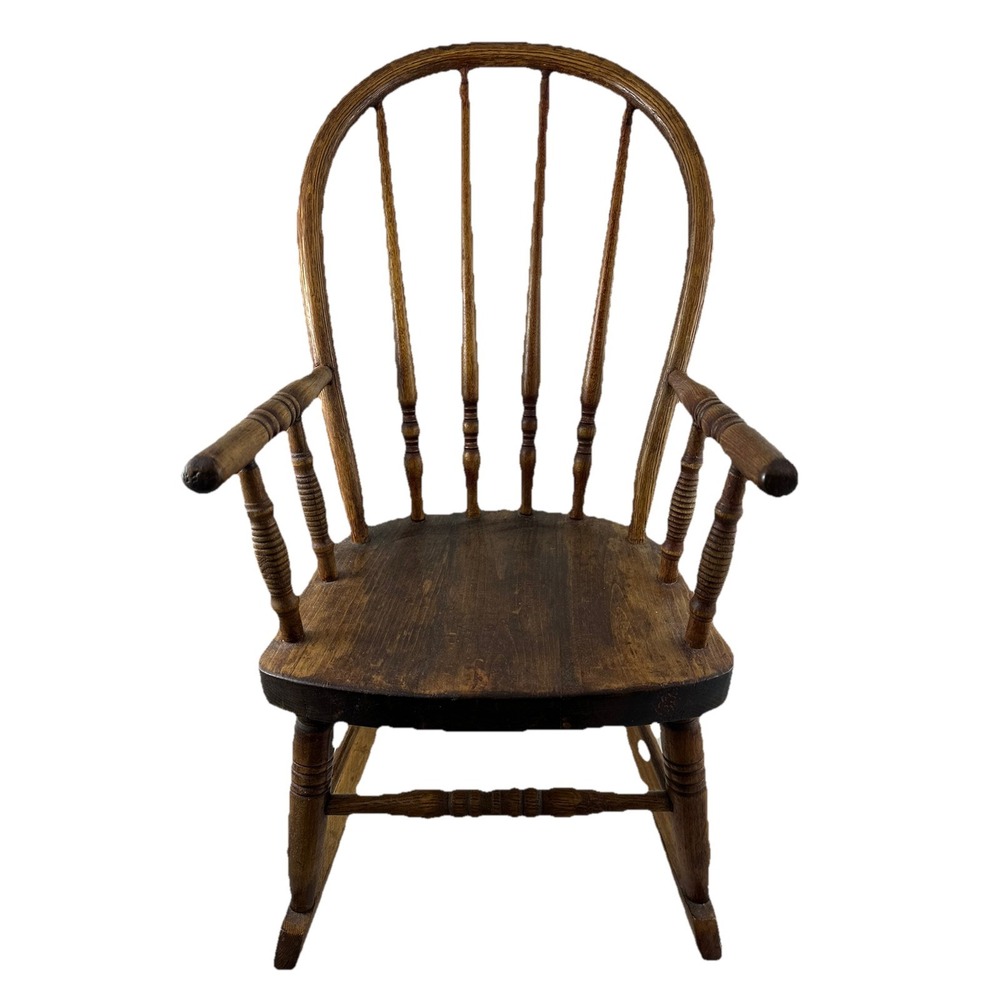 Vtg Child's Solid Oak Rocking Chair Bow Back Wooden Spindle Windsor-Style